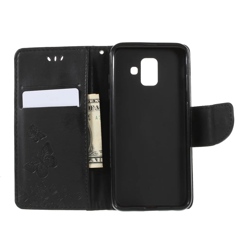 Imprint Butterfly Flower Leather Wallet Cover for Samsung Galaxy A6 (2018) - Black - 6
