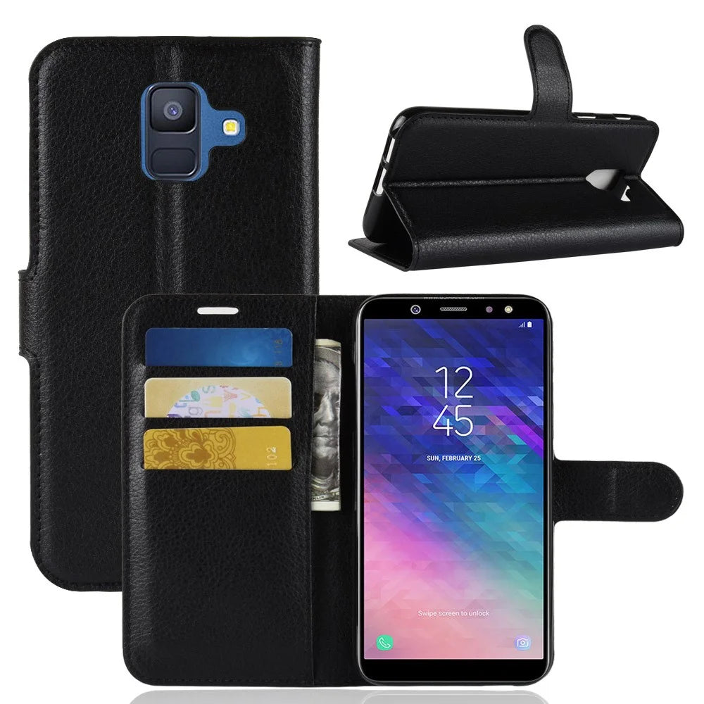 Litchi Skin Leather Wallet Case Phone Shell for Samsung Galaxy A6 (2018) Adjustable Stand Design Phone Accessory - Black - 1