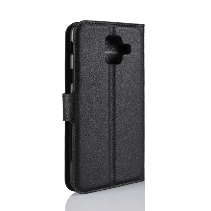 Litchi Skin Leather Wallet Case Phone Shell for Samsung Galaxy A6 (2018) Adjustable Stand Design Phone Accessory - Black - 3