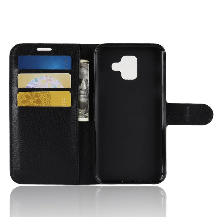 Litchi Skin Leather Wallet Case Phone Shell for Samsung Galaxy A6 (2018) Adjustable Stand Design Phone Accessory - Black - 5