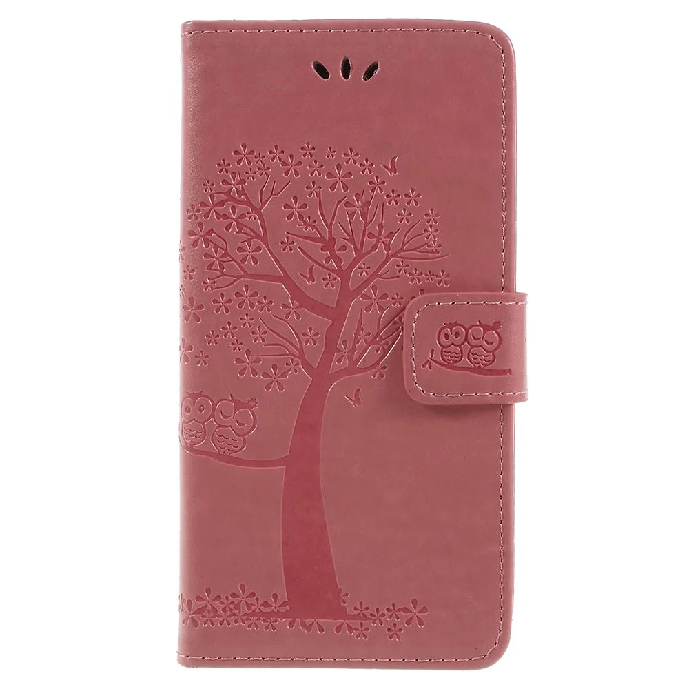 Imprint Tree Owl Wallet PU Leather Mobile Case for Samsung Galaxy J6 (2018) - Pink - 1