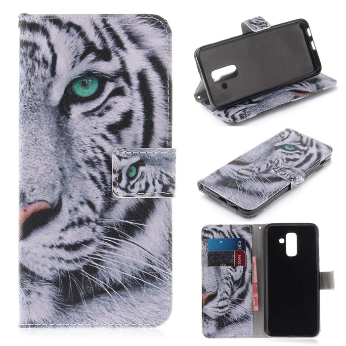 Printing Pattern Leather Wallet Mobile Phone Case for Samsung Galaxy A6+ (2018) / A9 Star Lite - Tiger with Green Eye - 1