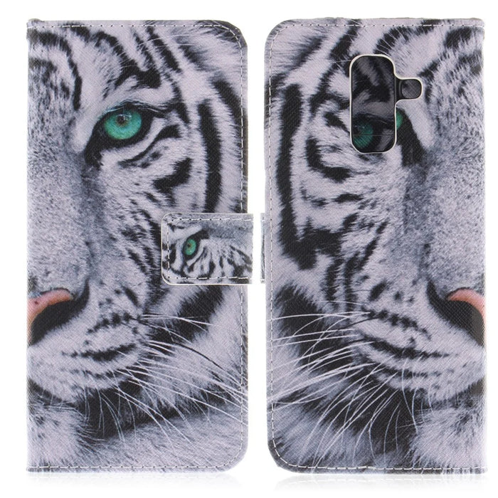 Printing Pattern Leather Wallet Mobile Phone Case for Samsung Galaxy A6+ (2018) / A9 Star Lite - Tiger with Green Eye - 2