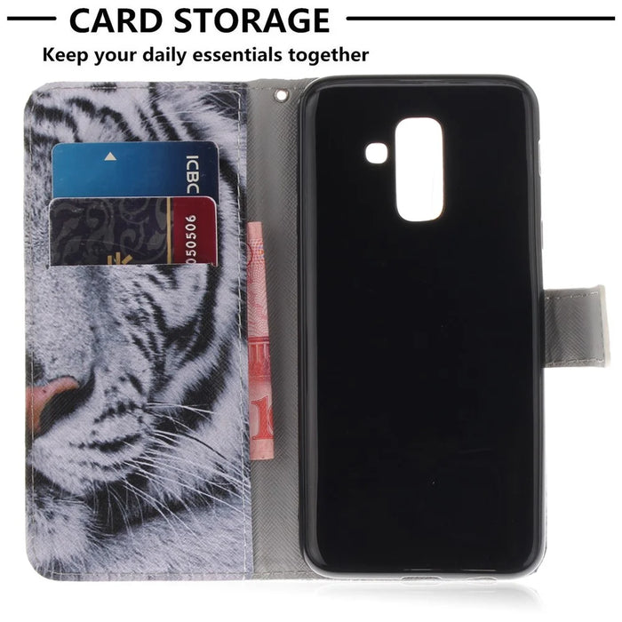 Printing Pattern Leather Wallet Mobile Phone Case for Samsung Galaxy A6+ (2018) / A9 Star Lite - Tiger with Green Eye - 7