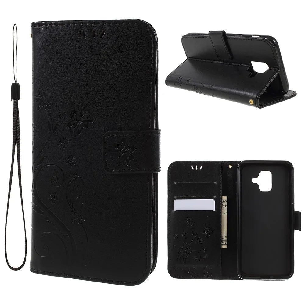 Imprint Butterfly Flower Leather Wallet Magnetic Stand Cover for Samsung Galaxy A6 (2018) - Black - 1