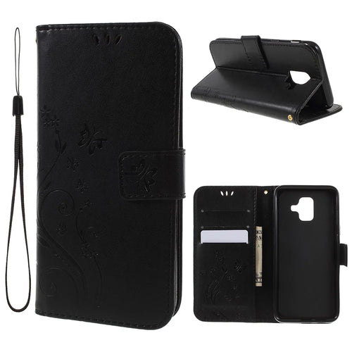 Imprint Butterfly Flower Leather Wallet Magnetic Stand Cover for Samsung Galaxy A6 (2018) - Black - 1