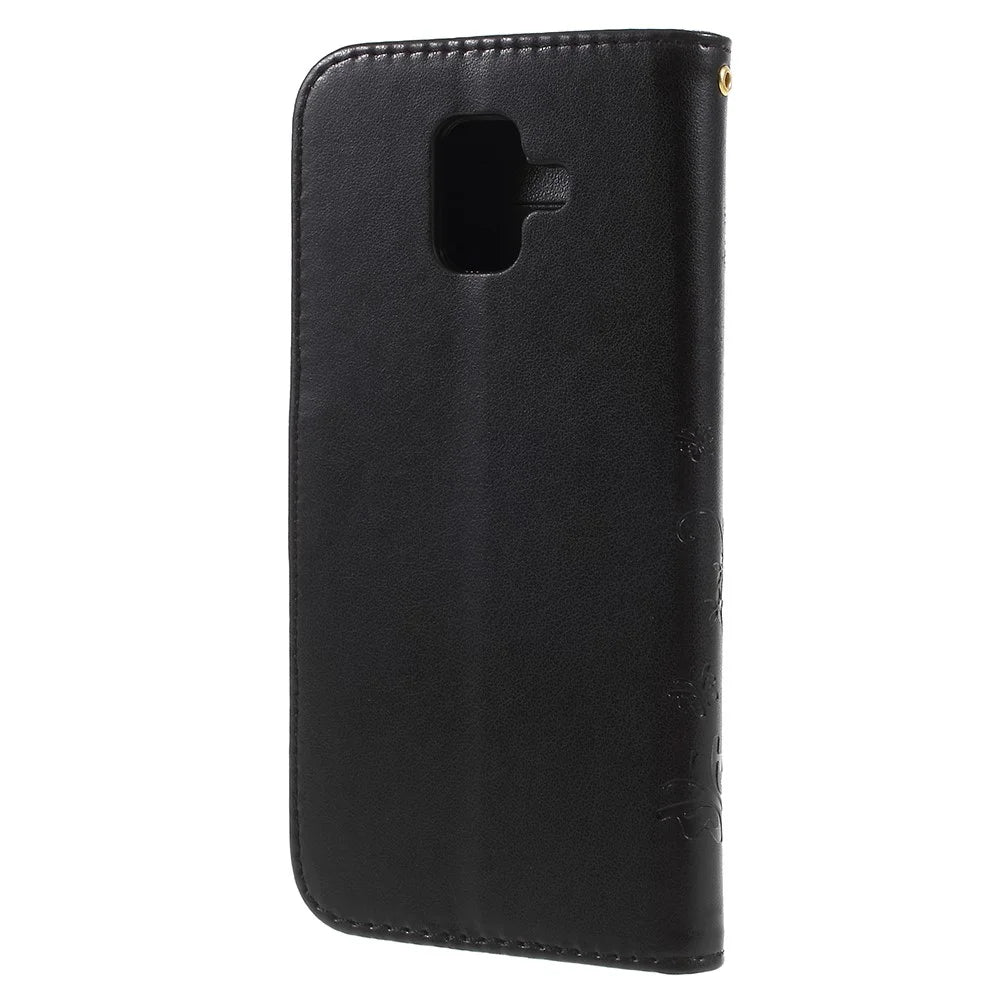 Imprint Butterfly Flower Leather Wallet Magnetic Stand Cover for Samsung Galaxy A6 (2018) - Black - 2