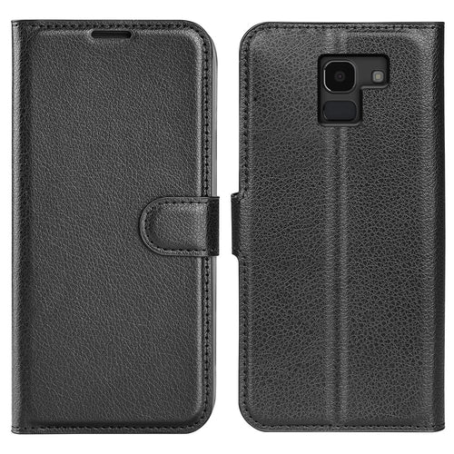 Litchi Skin Leather Stand Cover with Card Slots for Samsung Galaxy J6 (2018) Magnetic Clasp Closure - Black - 1