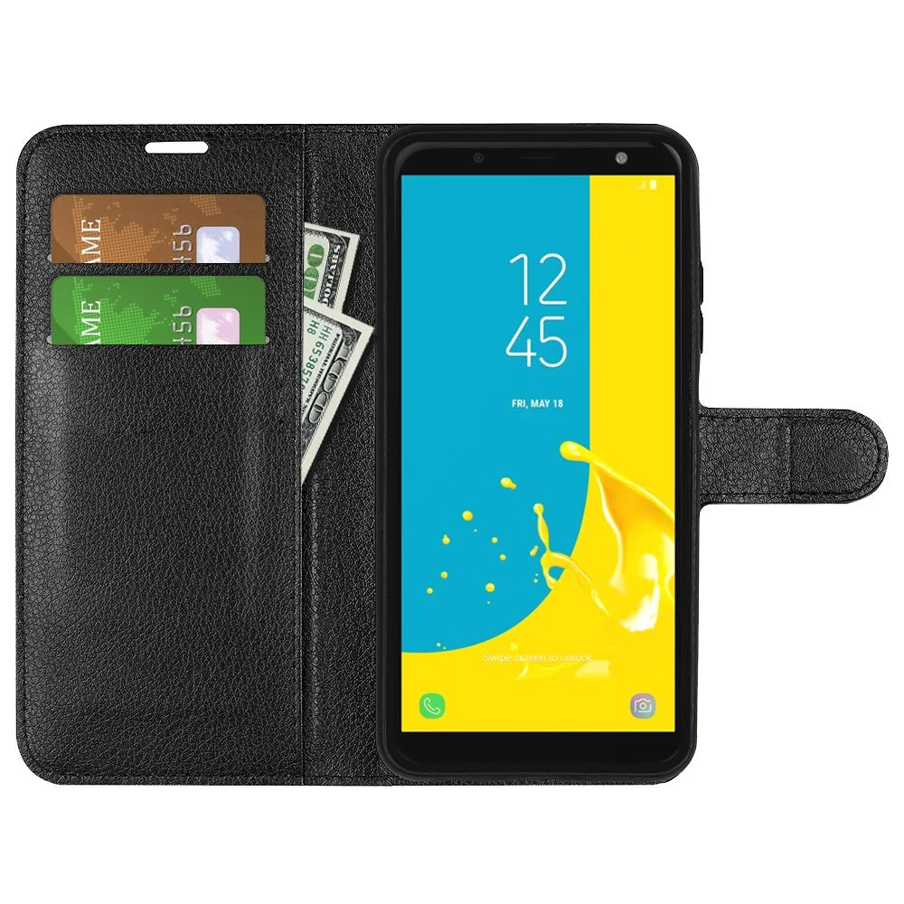Litchi Skin Leather Stand Cover with Card Slots for Samsung Galaxy J6 (2018) Magnetic Clasp Closure - Black - 2