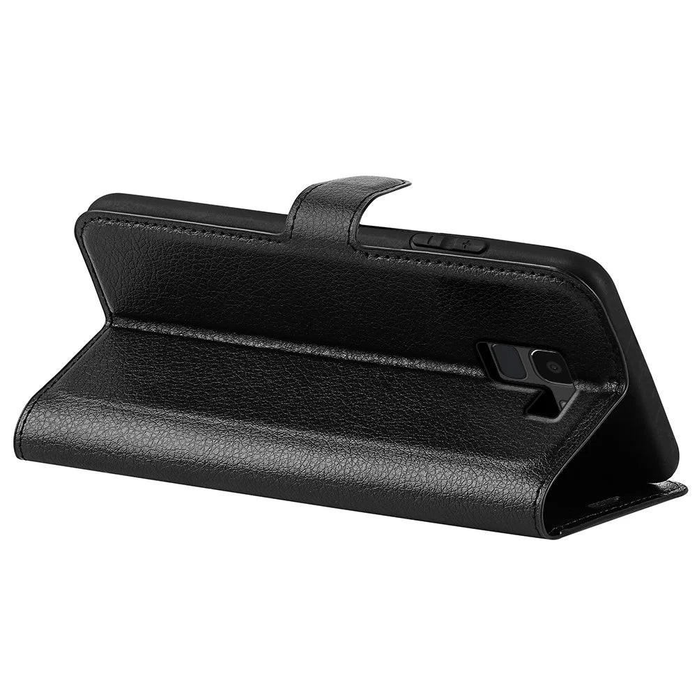 Litchi Skin Leather Stand Cover with Card Slots for Samsung Galaxy J6 (2018) Magnetic Clasp Closure - Black - 4