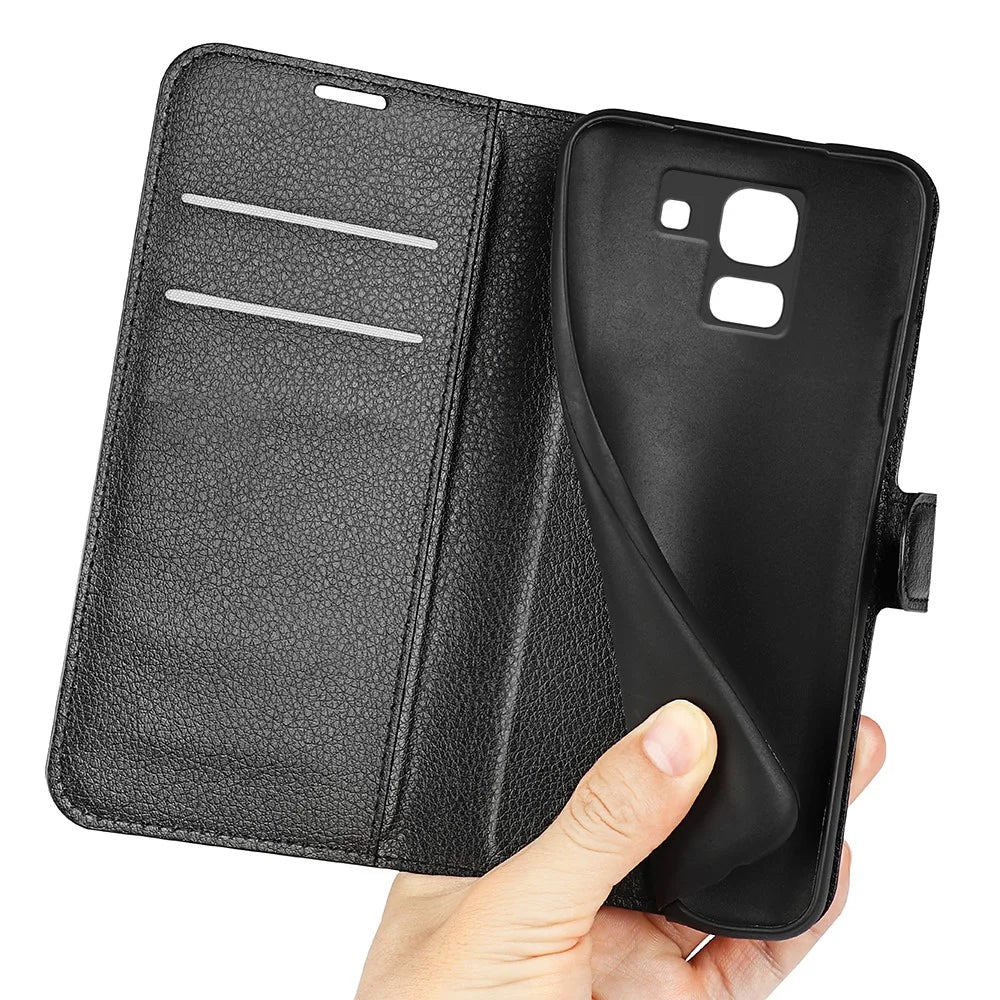 Litchi Skin Leather Stand Cover with Card Slots for Samsung Galaxy J6 (2018) Magnetic Clasp Closure - Black - 5