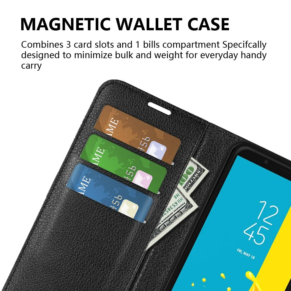 Litchi Skin Leather Stand Cover with Card Slots for Samsung Galaxy J6 (2018) Magnetic Clasp Closure - Black - 7