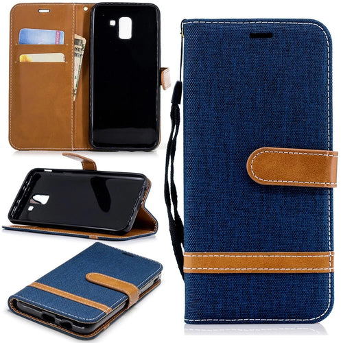 Jeans Cloth Texture Wallet Stand Leather Protective Cover Case for Samsung Galaxy J6 (2018) - Dark Blue - 1