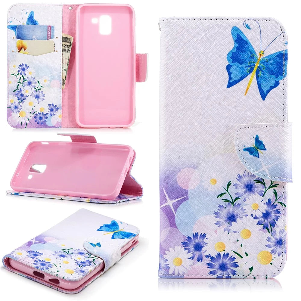 Pattern Printing Cell Phone Leather Stand Case for Samsung Galaxy J6 (2018) - Blue Butterfly and Flowers - 1
