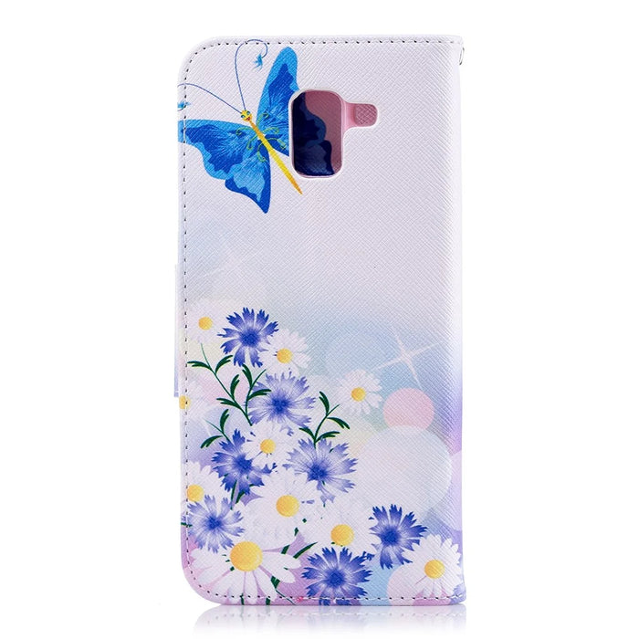 Pattern Printing Cell Phone Leather Stand Case for Samsung Galaxy J6 (2018) - Blue Butterfly and Flowers - 3