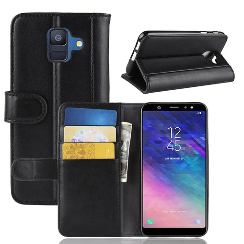 For Samsung Galaxy A6 (2018) Genuine Split Leather Wallet Cell Phone Cover - Black - 1