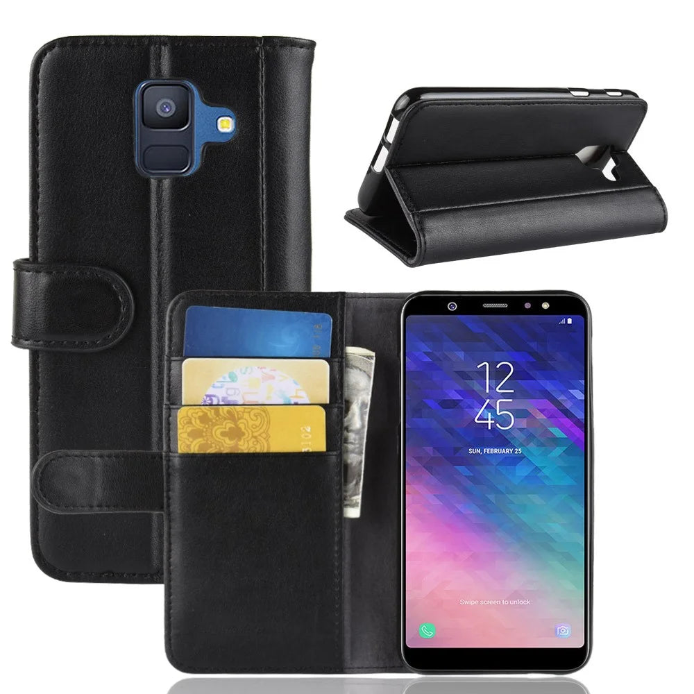 For Samsung Galaxy A6 (2018) Genuine Split Leather Wallet Cell Phone Cover - Black - 1