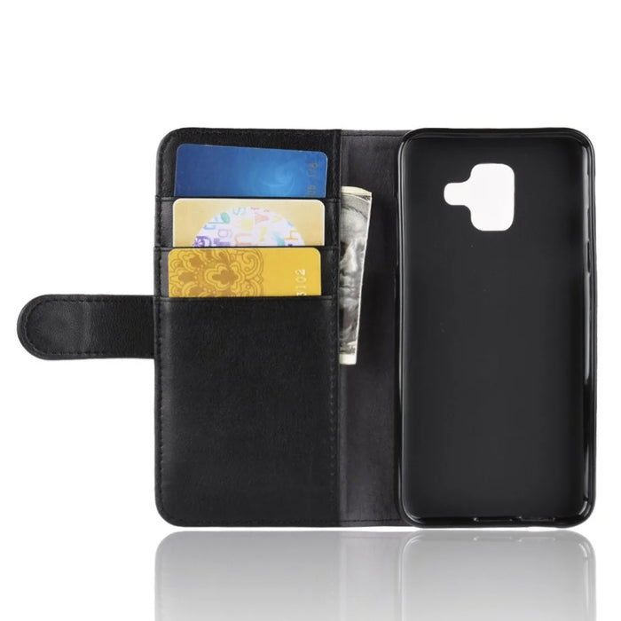 For Samsung Galaxy A6 (2018) Genuine Split Leather Wallet Cell Phone Cover - Black - 5