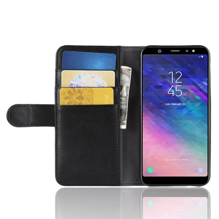 For Samsung Galaxy A6 (2018) Genuine Split Leather Wallet Cell Phone Cover - Black - 6