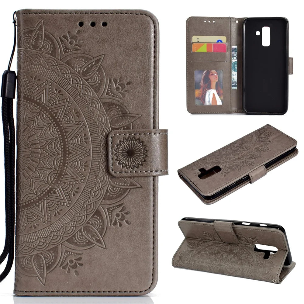 Imprint Mandala Flower Leather Wallet Case for Samsung Galaxy A6 Plus (2018) / A9 Star Lite - Grey - 1