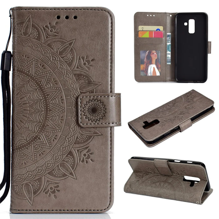 Imprint Mandala Flower Leather Wallet Case for Samsung Galaxy A6 Plus (2018) / A9 Star Lite - Grey - 1