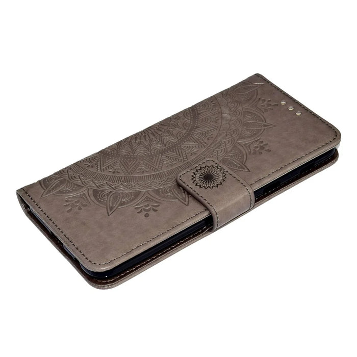 Imprint Mandala Flower Leather Wallet Case for Samsung Galaxy A6 Plus (2018) / A9 Star Lite - Grey - 5