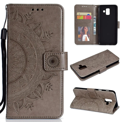 Imprint Mandala Flower Leather Wallet Case for Samsung Galaxy A6 (2018) - Grey - 1