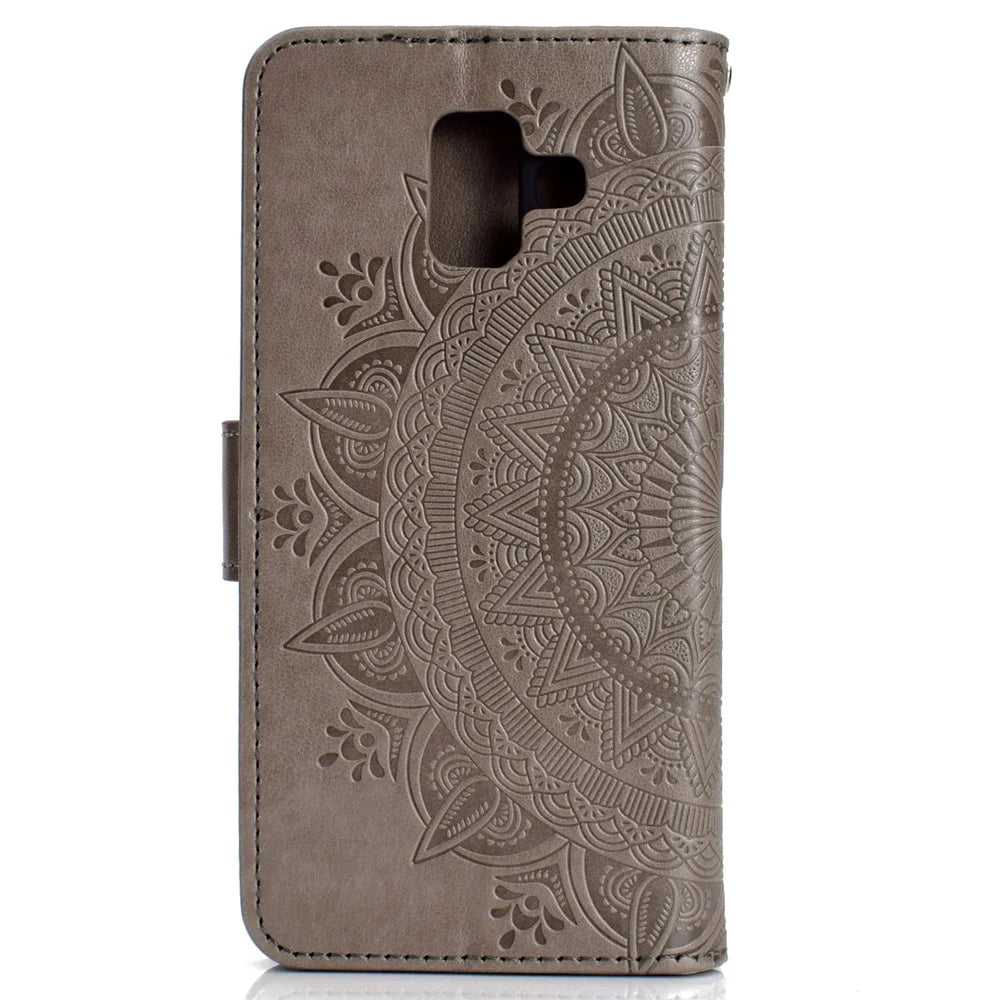 Imprint Mandala Flower Leather Wallet Case for Samsung Galaxy A6 (2018) - Grey - 3