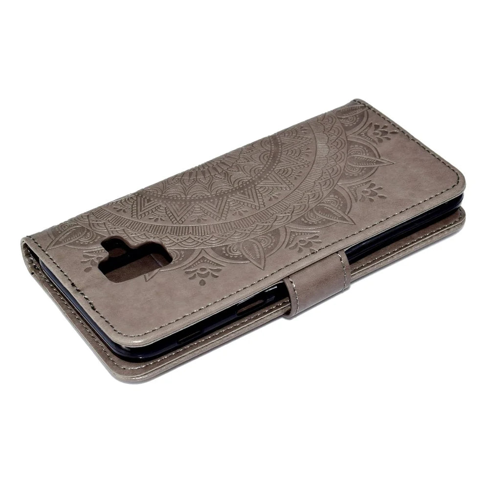 Imprint Mandala Flower Leather Wallet Case for Samsung Galaxy A6 (2018) - Grey - 6