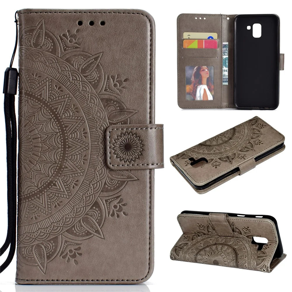 Imprint Butterfly Flower Leather Wallet Case for Samsung Galaxy J6 (2018) - Grey - 1