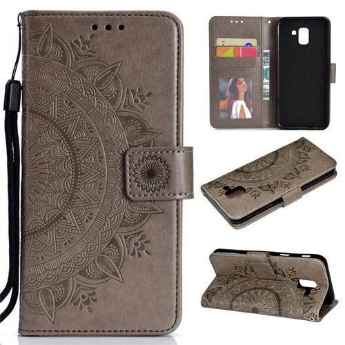 Imprint Butterfly Flower Leather Wallet Case for Samsung Galaxy J6 (2018) - Grey - 1