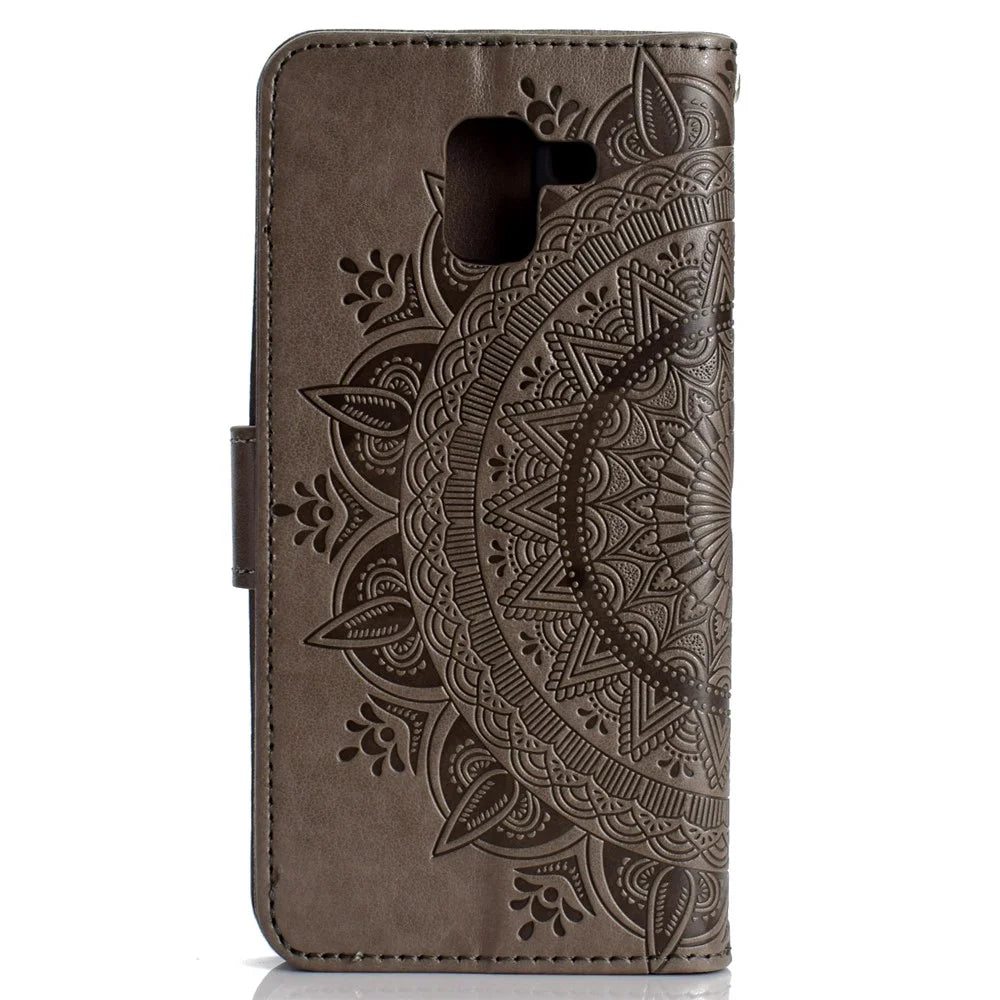 Imprint Butterfly Flower Leather Wallet Case for Samsung Galaxy J6 (2018) - Grey - 3