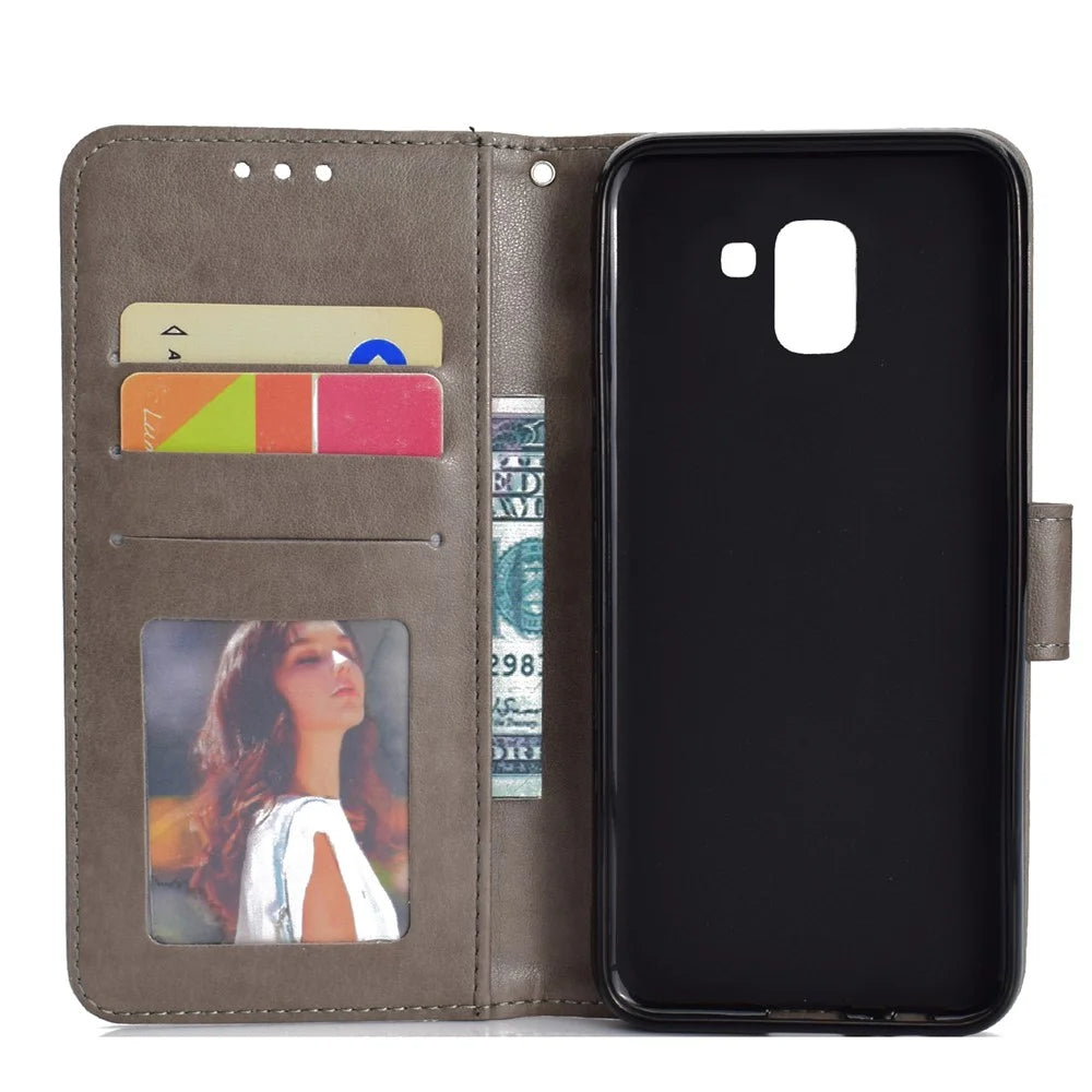Imprint Butterfly Flower Leather Wallet Case for Samsung Galaxy J6 (2018) - Grey - 4