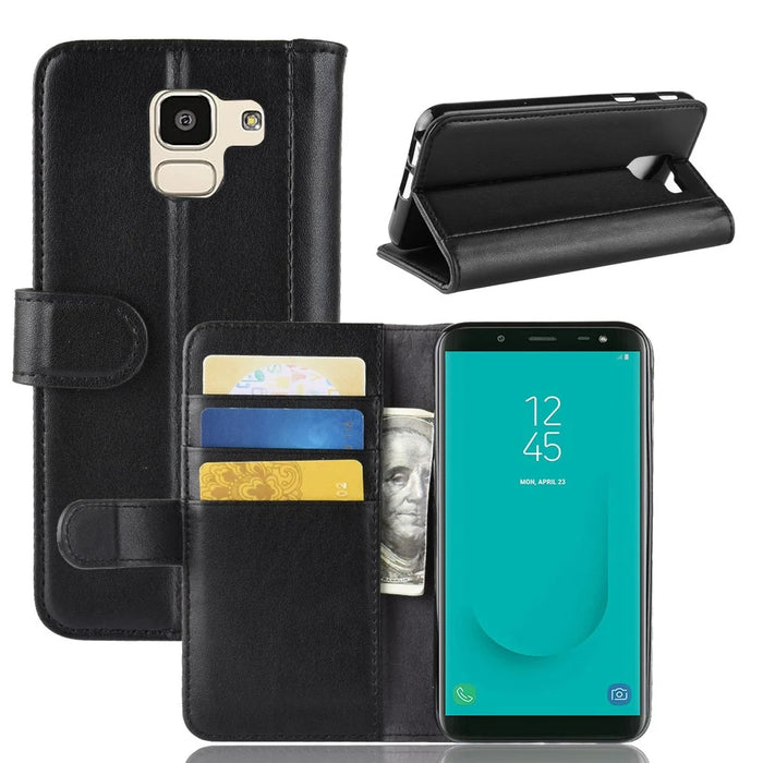 For Samsung Galaxy J6 (2018) Phone Cases Genuine Split Leather Wallet Mobile Cover Stand - Black - 1