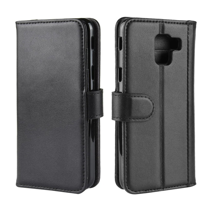For Samsung Galaxy J6 (2018) Phone Cases Genuine Split Leather Wallet Mobile Cover Stand - Black - 2