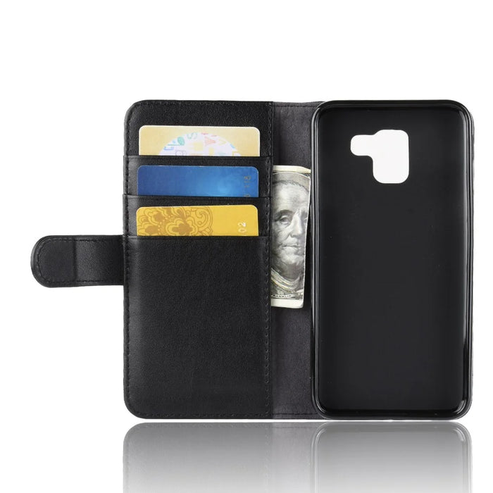 For Samsung Galaxy J6 (2018) Phone Cases Genuine Split Leather Wallet Mobile Cover Stand - Black - 5