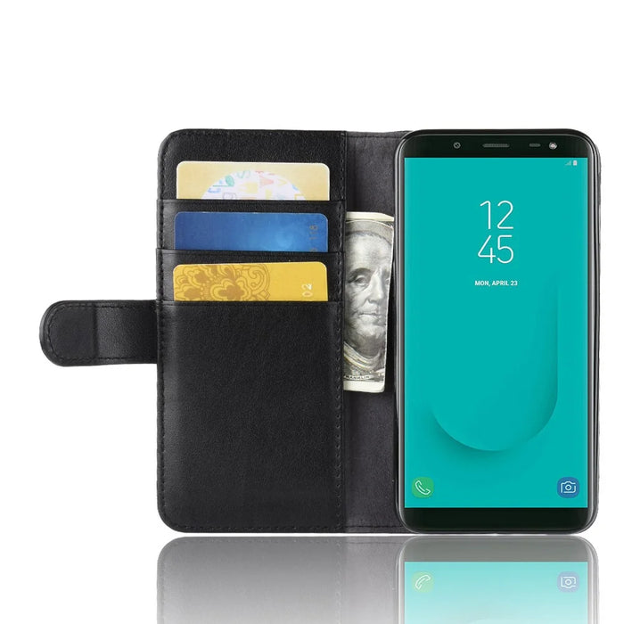 For Samsung Galaxy J6 (2018) Phone Cases Genuine Split Leather Wallet Mobile Cover Stand - Black - 6