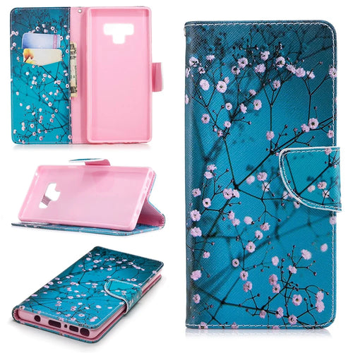 Pattern Printing PU Leather Wallet Stand Phone Accessory Case for Samsung Galaxy Note 9 - Tree with Flowers - 1