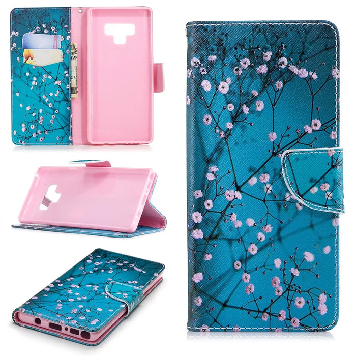 Pattern Printing PU Leather Wallet Stand Phone Accessory Case for Samsung Galaxy Note 9 - Tree with Flowers - 1