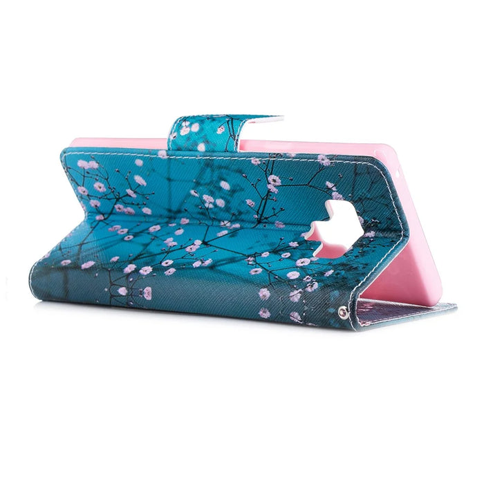 Pattern Printing PU Leather Wallet Stand Phone Accessory Case for Samsung Galaxy Note 9 - Tree with Flowers - 4