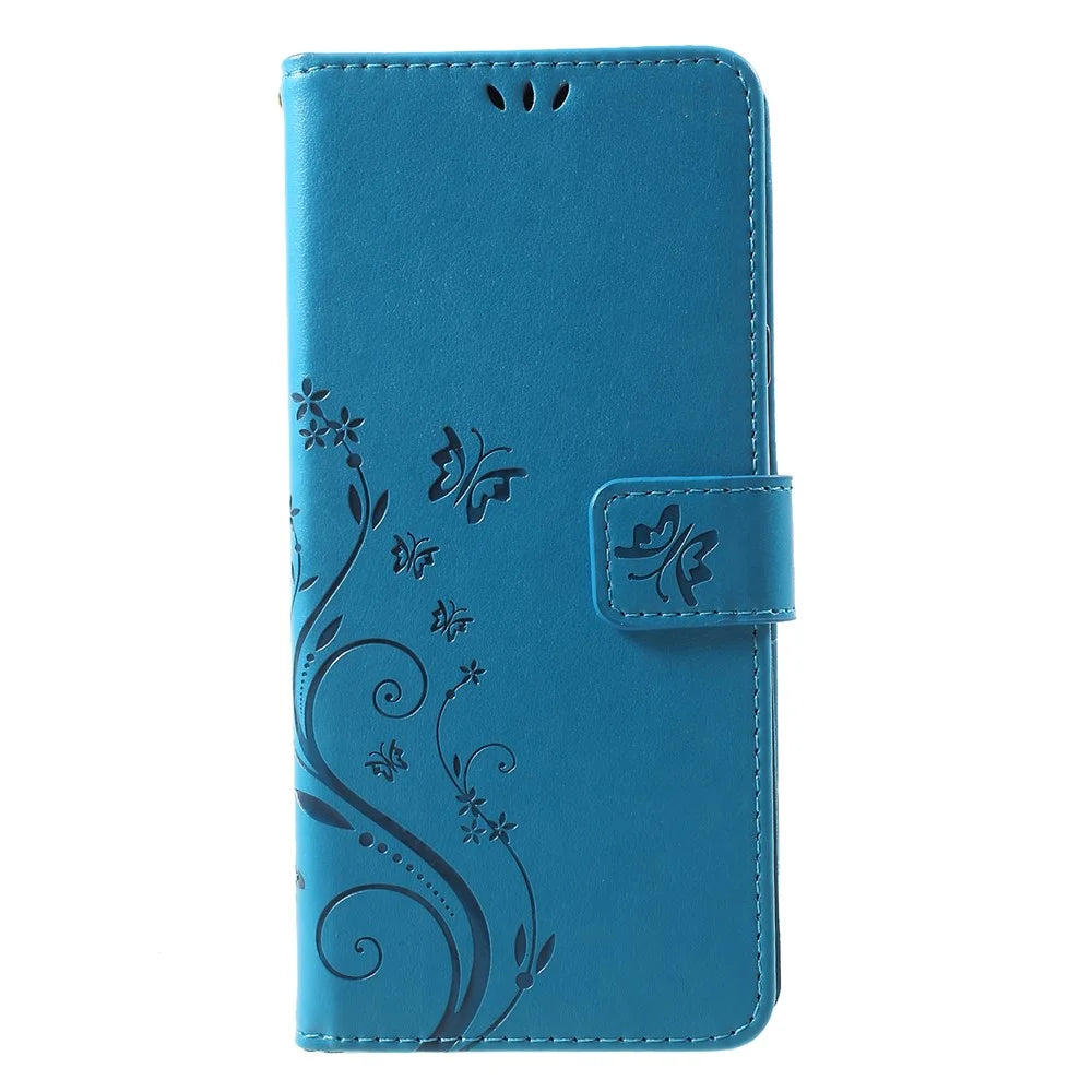 Imprint Butterfly Flower Stand Wallet Leather Mobile Shell Case for Samsung Galaxy Note 9 - Blue - 1