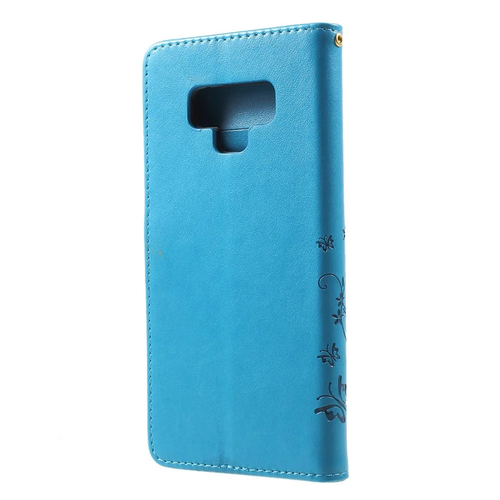 Imprint Butterfly Flower Stand Wallet Leather Mobile Shell Case for Samsung Galaxy Note 9 - Blue - 2