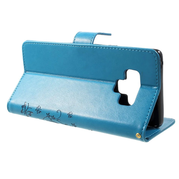Imprint Butterfly Flower Stand Wallet Leather Mobile Shell Case for Samsung Galaxy Note 9 - Blue - 4