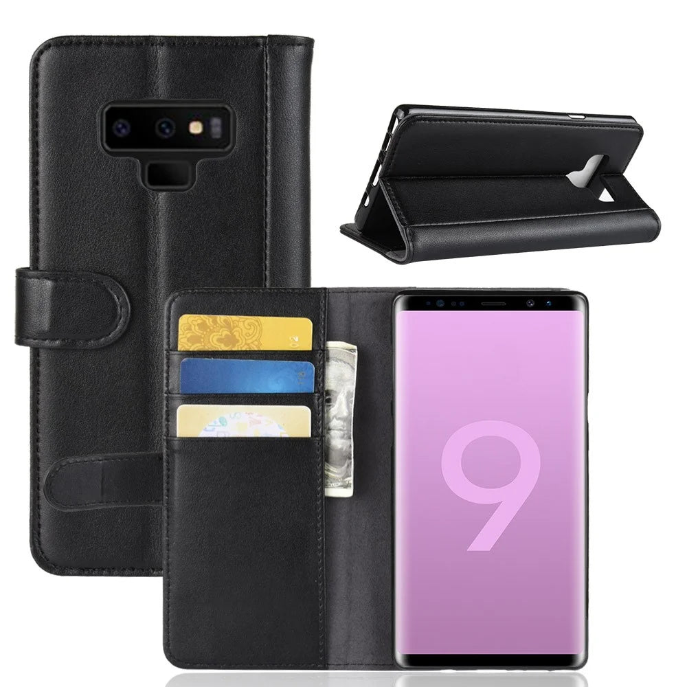 For Samsung Galaxy Note 9 Phone Cases Genuine Split Leather Wallet Mobile Cover Stand - Black - 1
