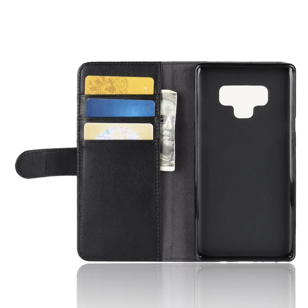 For Samsung Galaxy Note 9 Phone Cases Genuine Split Leather Wallet Mobile Cover Stand - Black - 5