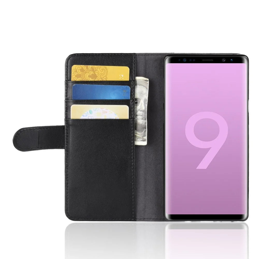 For Samsung Galaxy Note 9 Phone Cases Genuine Split Leather Wallet Mobile Cover Stand - Black - 6