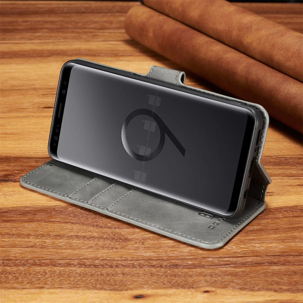 DG.MING Retro Style Wallet Leather Stand Case for Samsung Galaxy S9 SM-G960 - Grey - 4