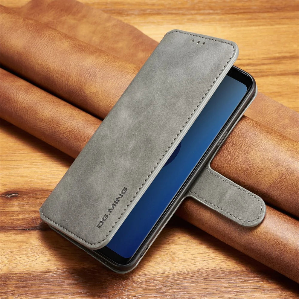 DG.MING Retro Style Wallet Leather Stand Case for Samsung Galaxy S9+ SM-G965 - Grey - 7