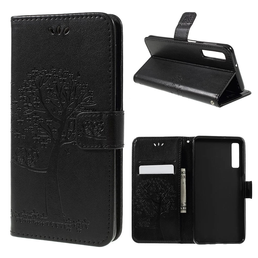 Imprint Tree Owl Magnetic Wallet PU Leather Cover with Stand for Samsung Galaxy A7 (2018) - Black - 1