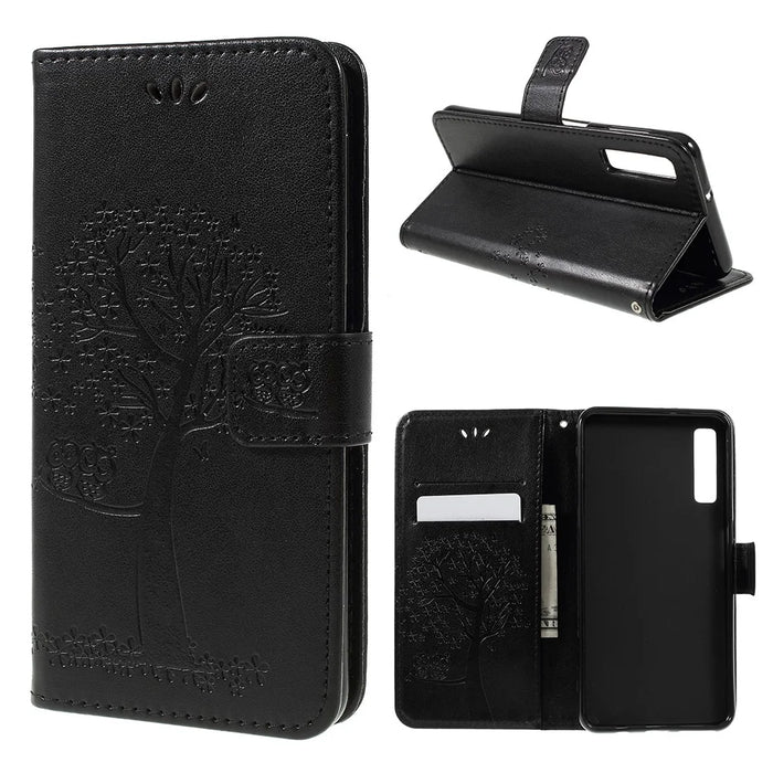 Imprint Tree Owl Magnetic Wallet PU Leather Cover with Stand for Samsung Galaxy A7 (2018) - Black - 1